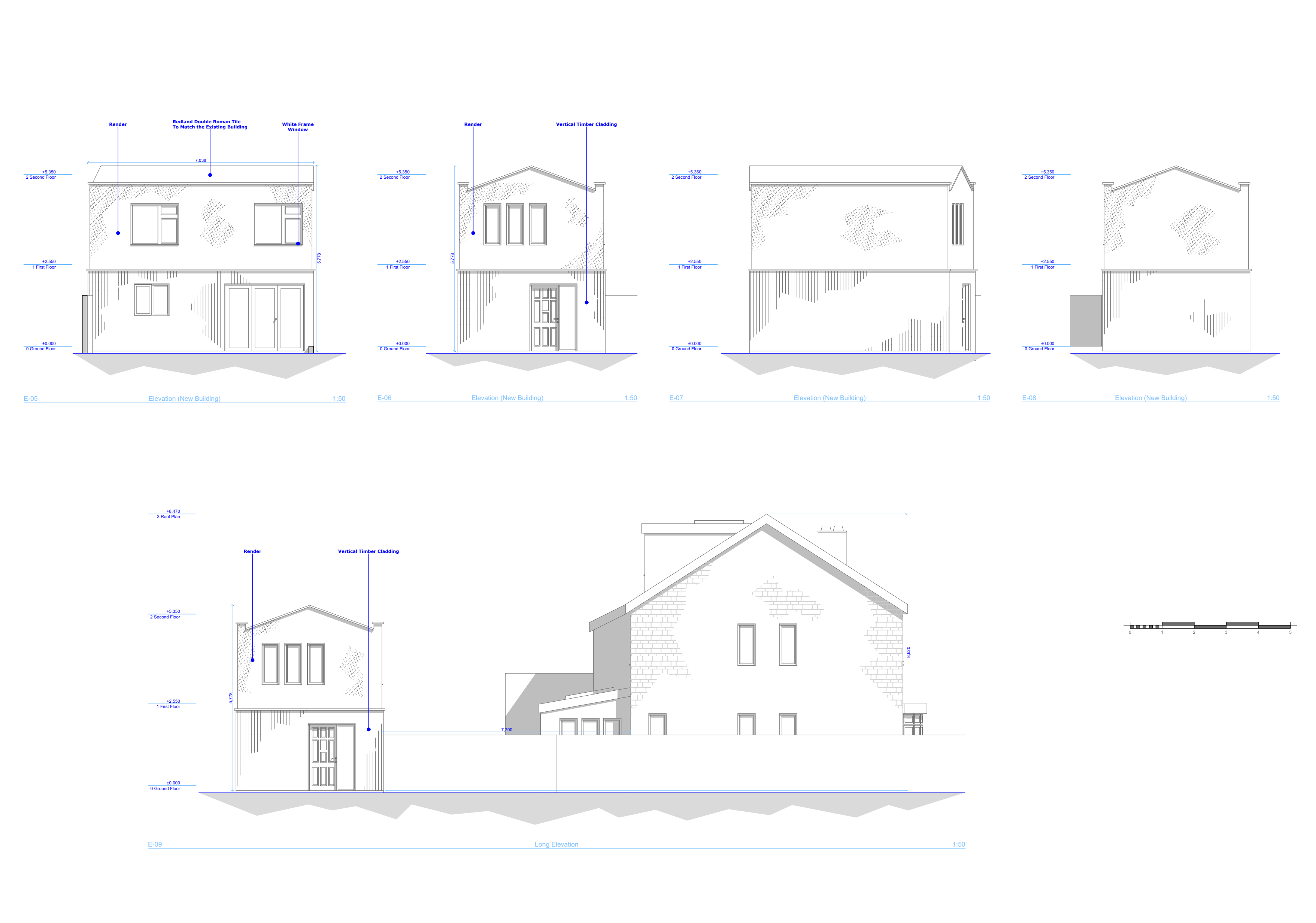 Elevations comparing the earlier two-storey outbuilding option with the existing house