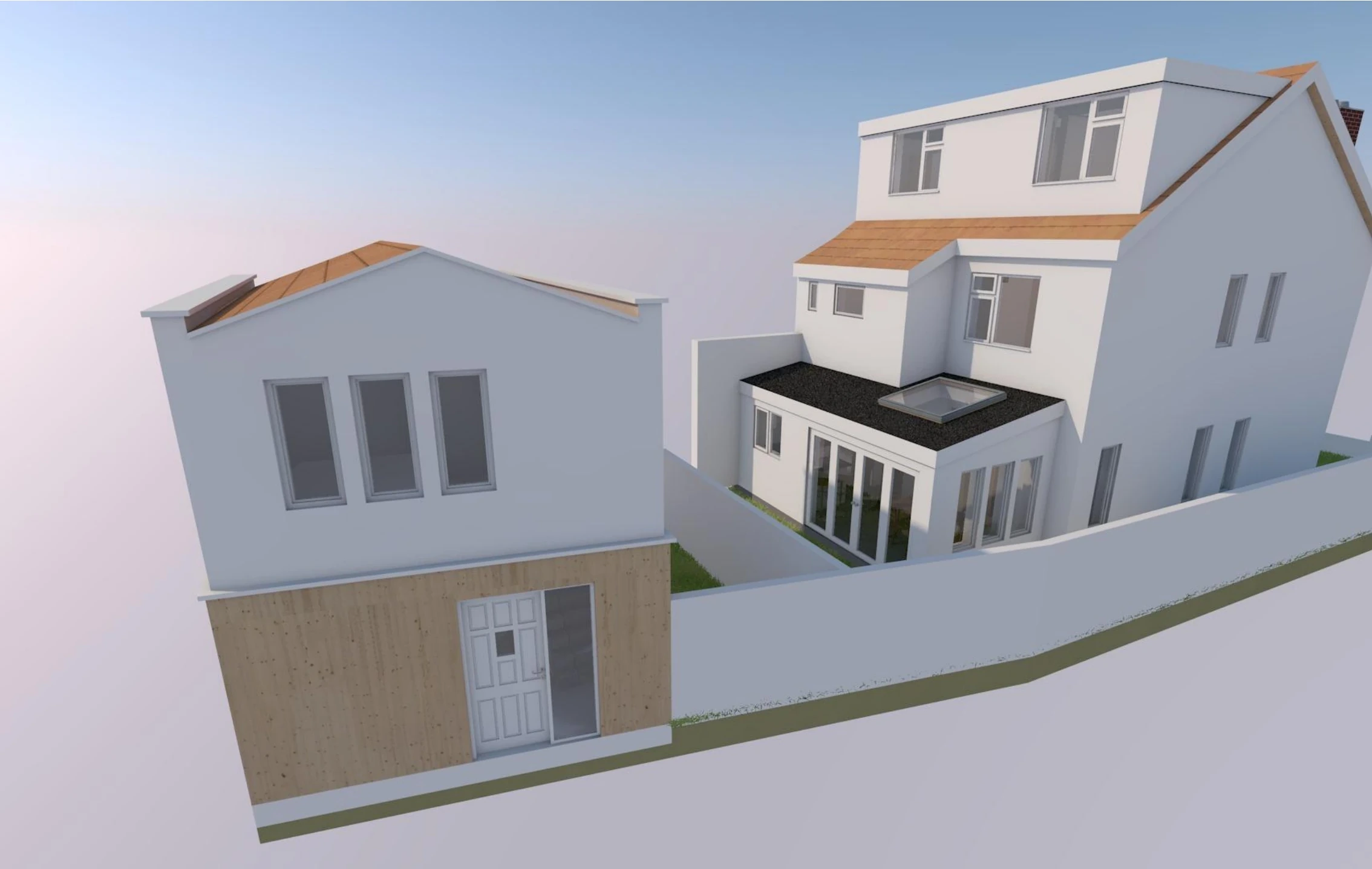 Earlier two-storey outbuilding and rear-extension design option shown beside the existing house