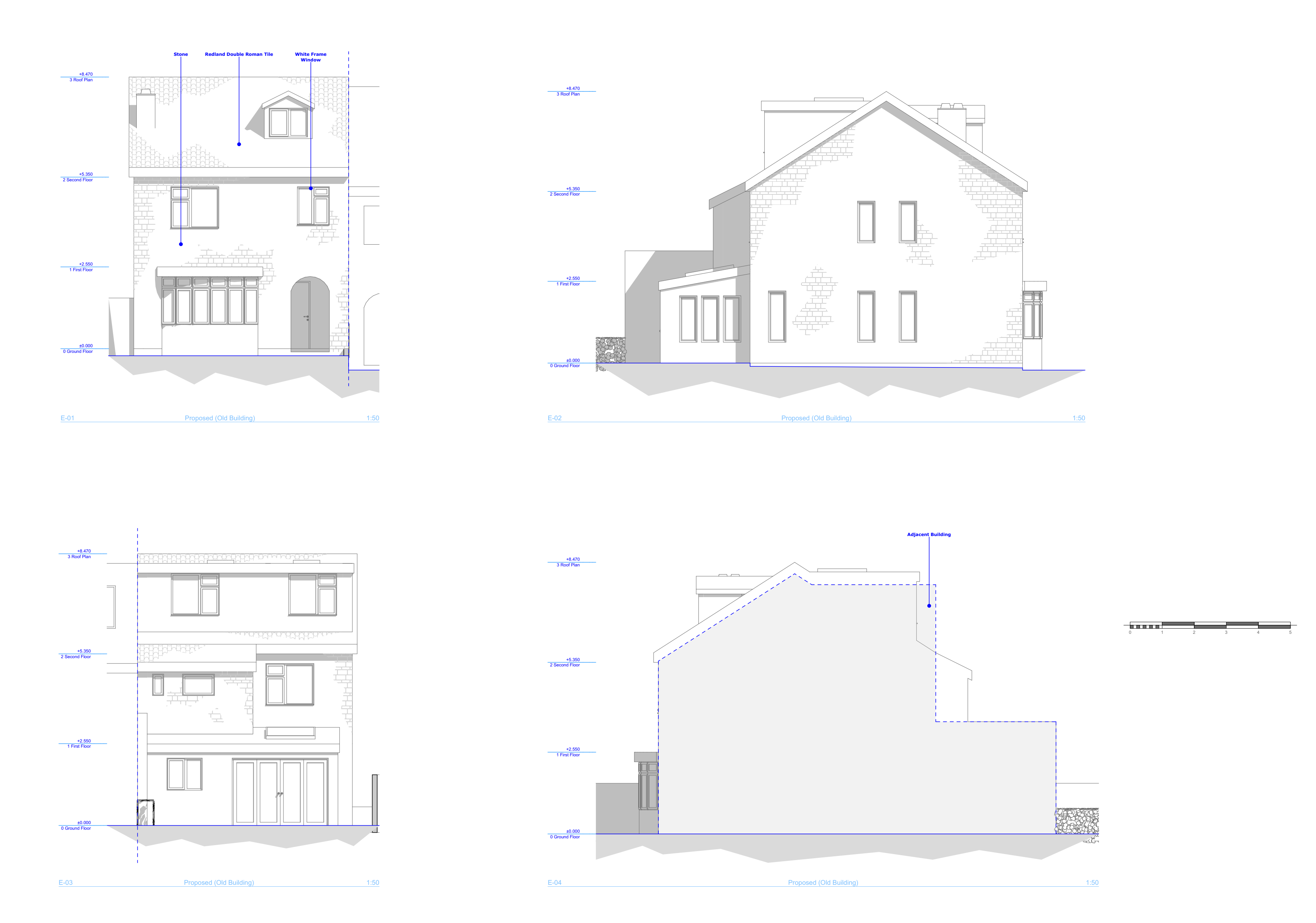 Development-stage elevations of the house showing the proposed rear extension and loft alterations