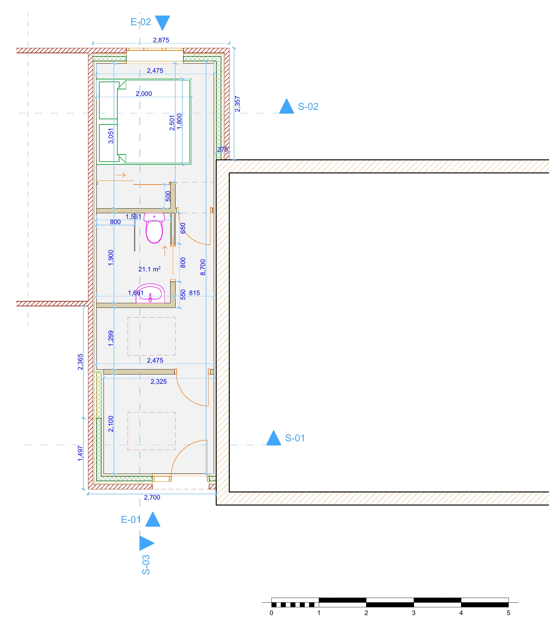 Proposed ground-floor plan showing the enlarged garage layout, insulation and bathroom