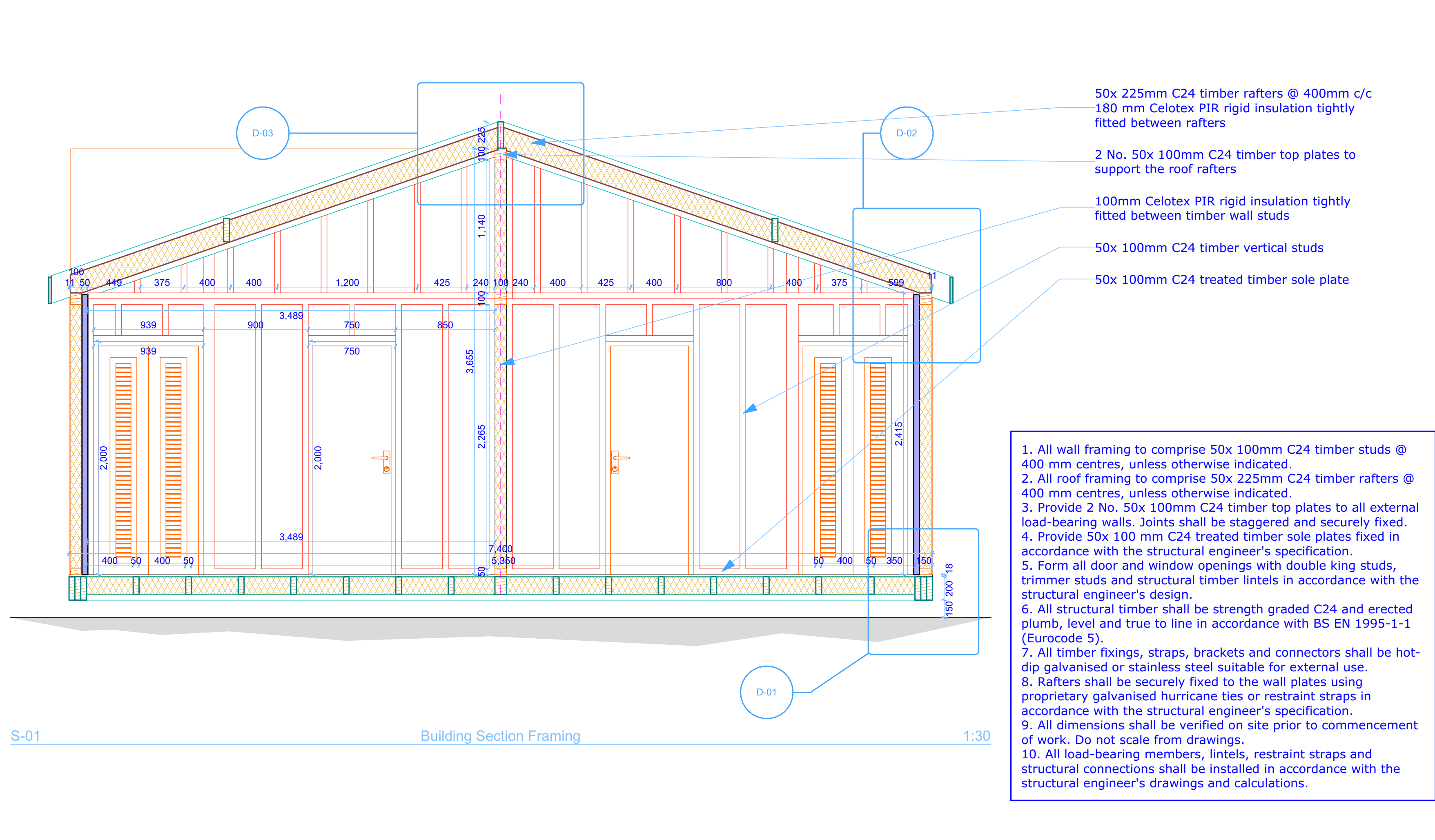Technical building section showing the outbuilding timber frame, roof and floor construction