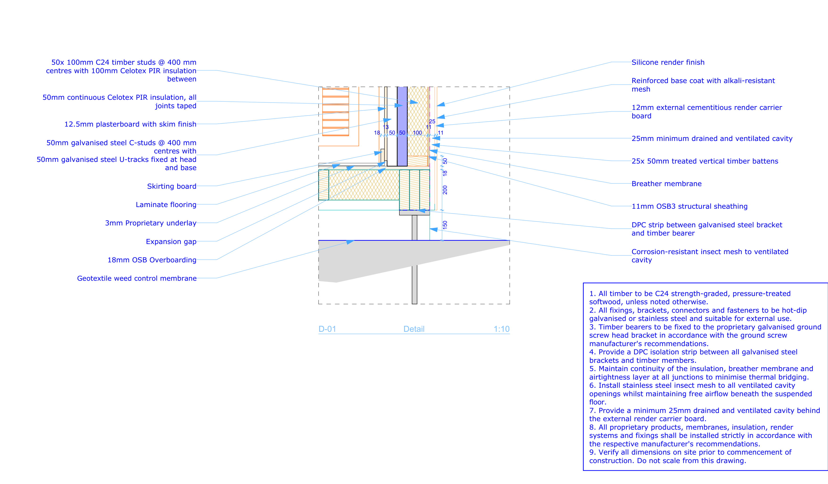 Floor-to-wall junction showing timber floor support, insulation and external wall layers