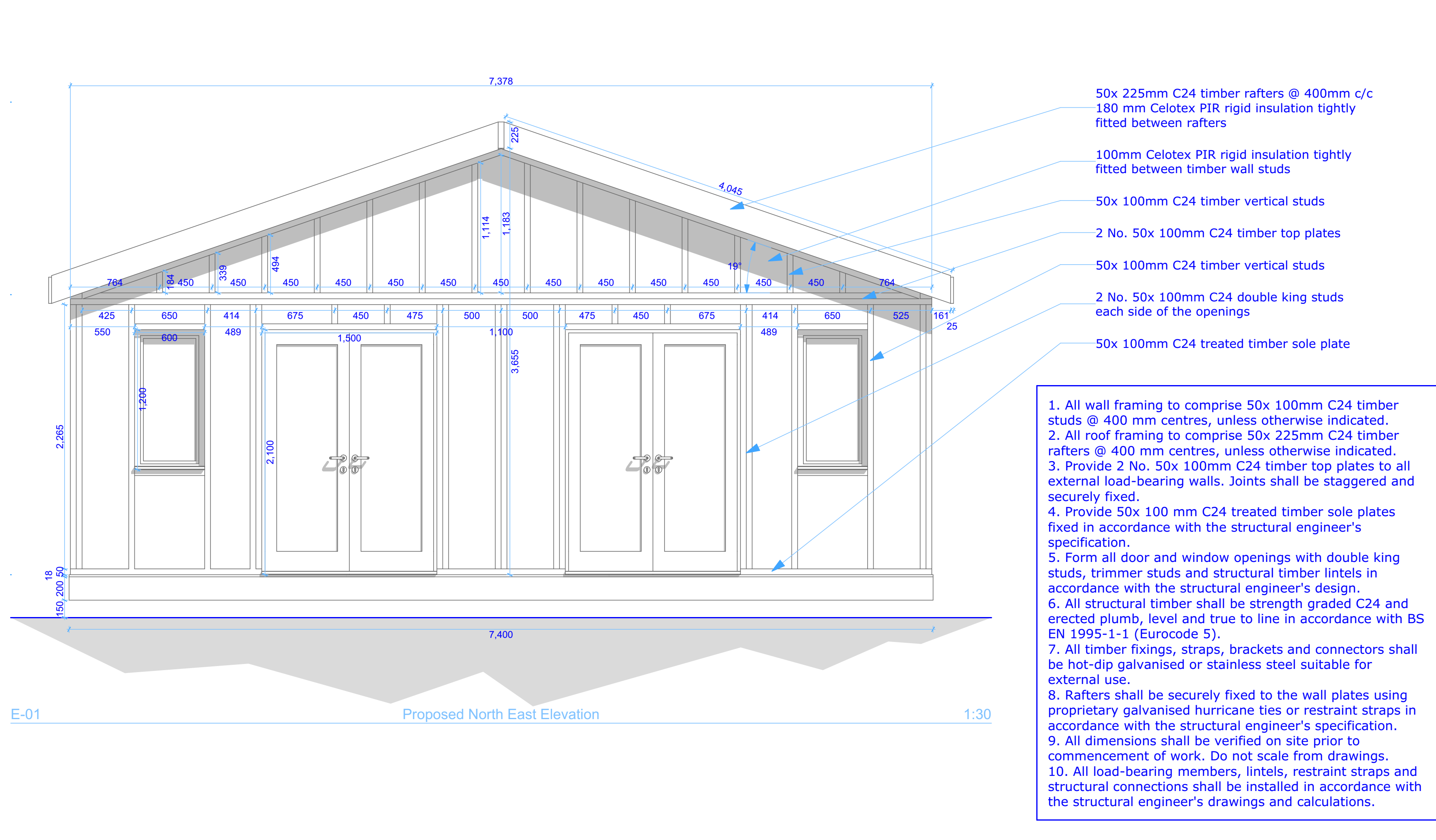 Proposed timber-framing elevation with door and window openings and blue specification notes