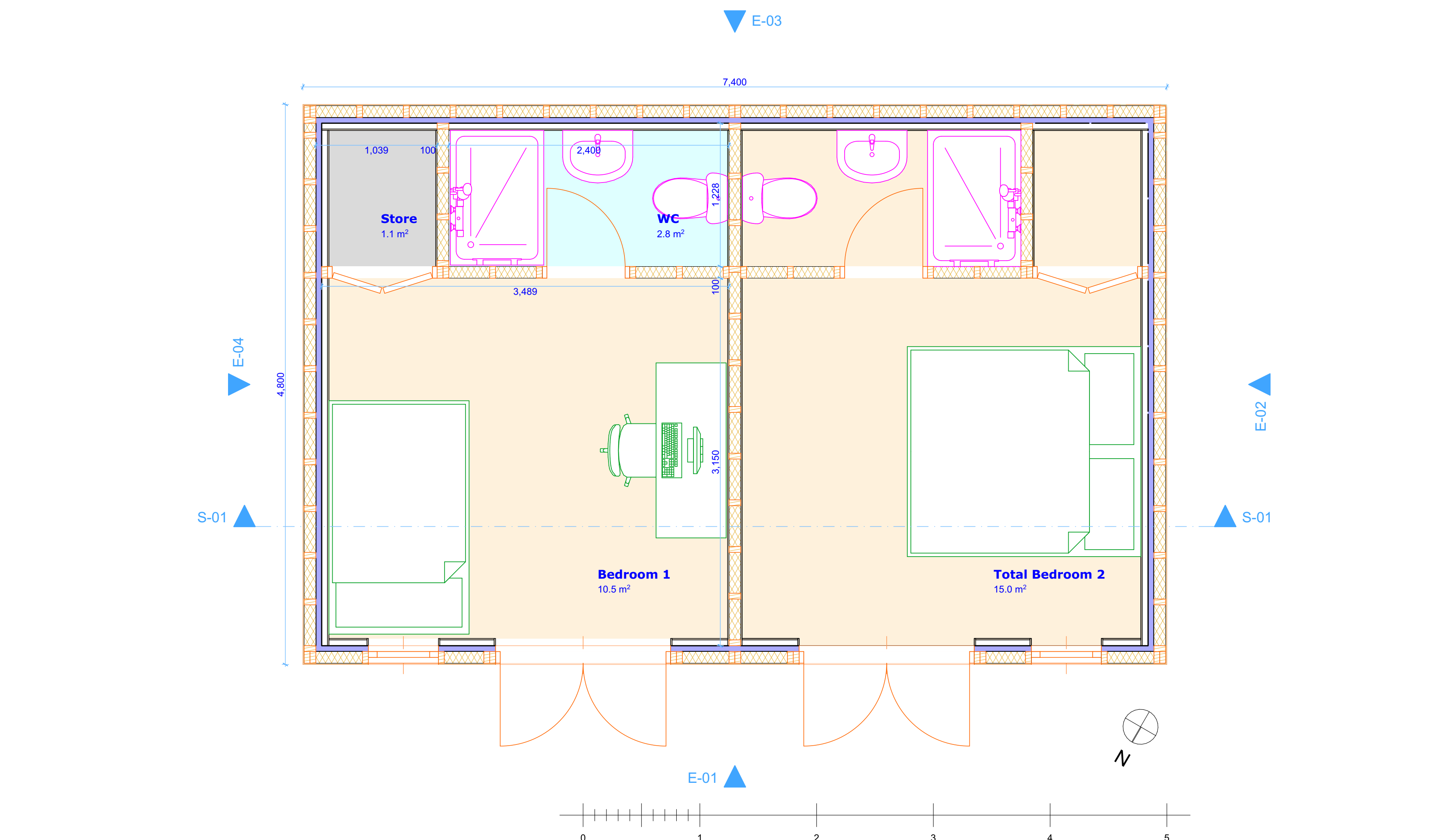 Proposed outbuilding floor plan showing two bedrooms and en-suite facilities, with north arrow and scale bar