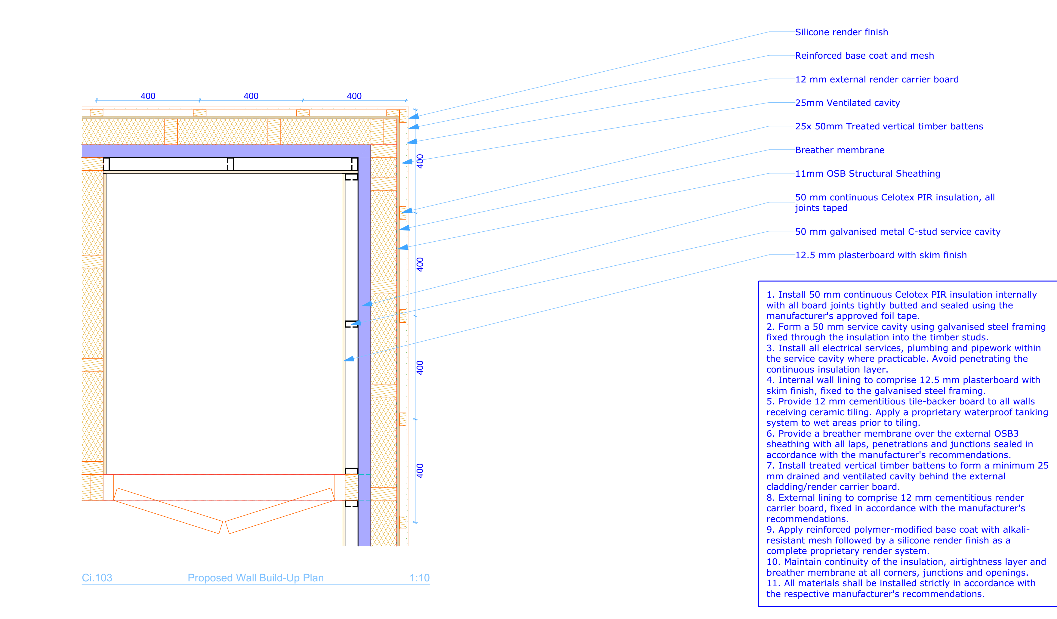 Proposed external wall build-up with complete blue material annotations and specification notes
