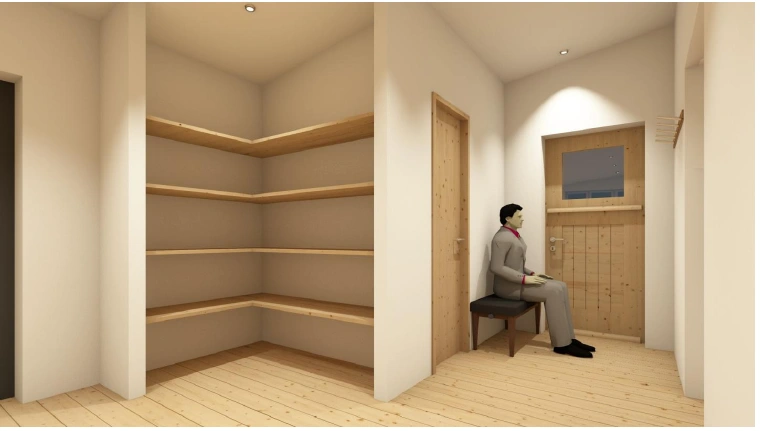 Ground-floor visualisation showing built-in shelves and circulation beside the WC
