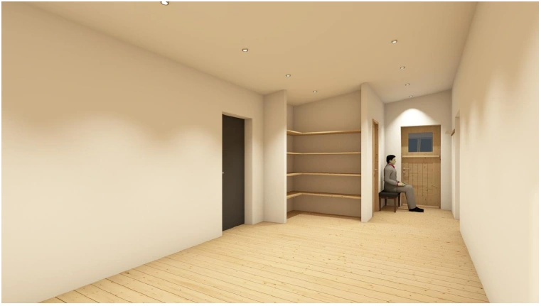 Ground-floor interior visualisation showing the proposed room and storage