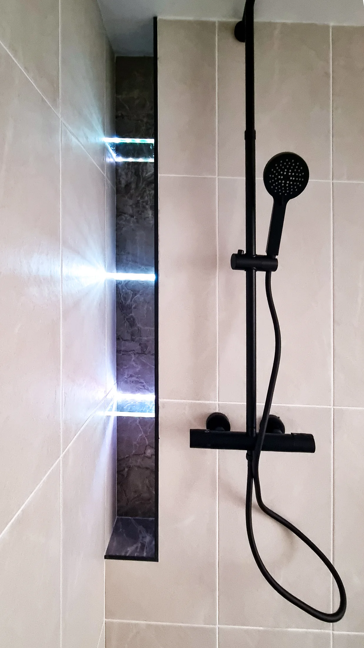 Integrated illuminated shower niche with black shower fitting