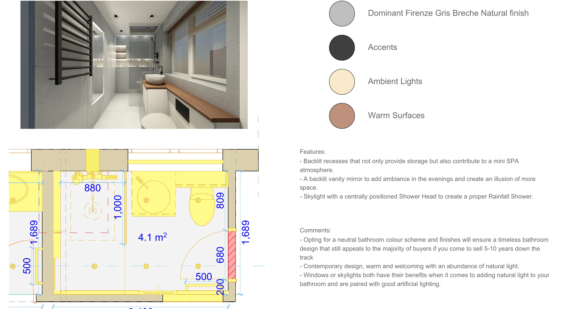 Gate5 concept board combining a bathroom layout, material palette and visualisation