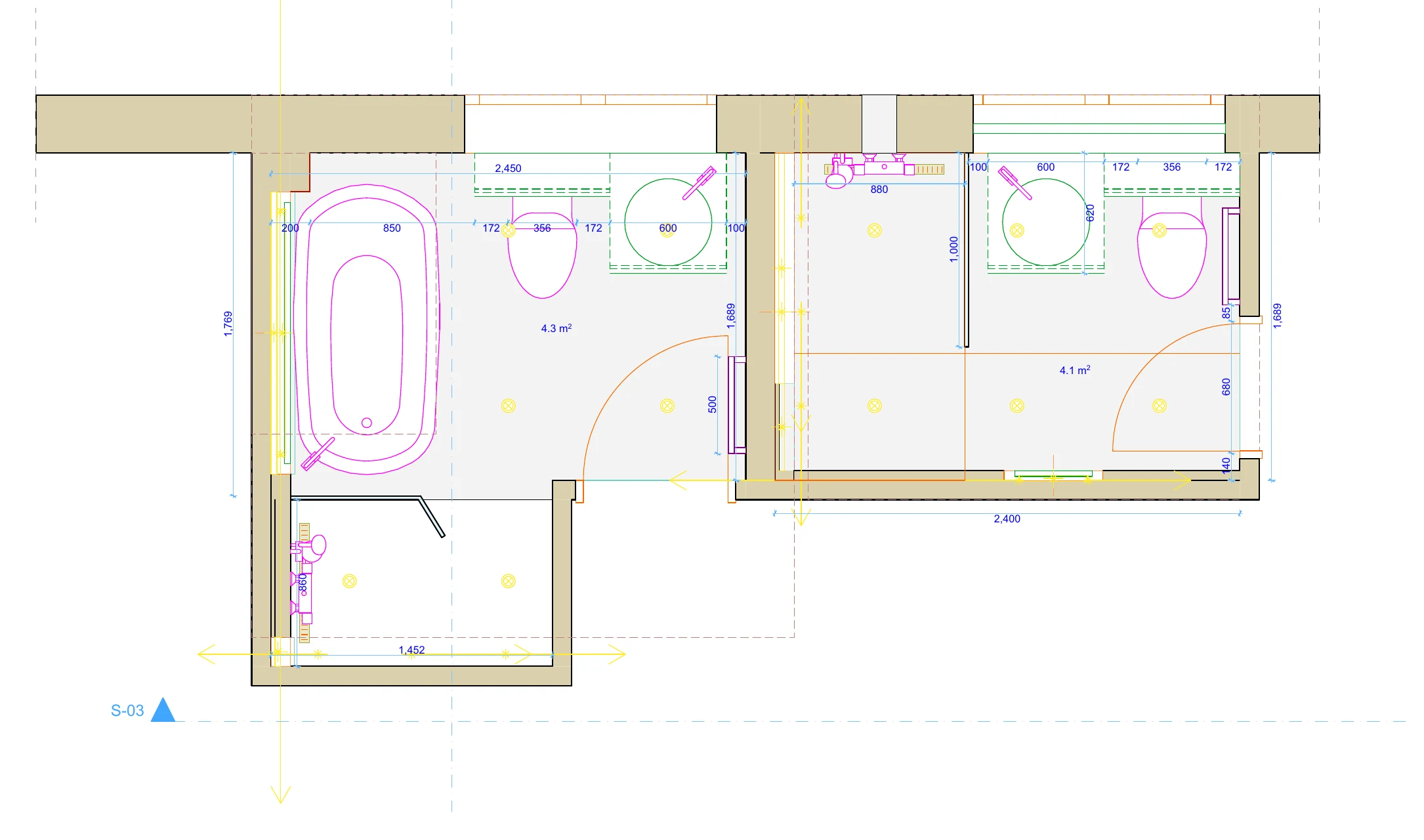 Gate5 measured bathroom layout drawing with dimensions and proposed sanitaryware positions