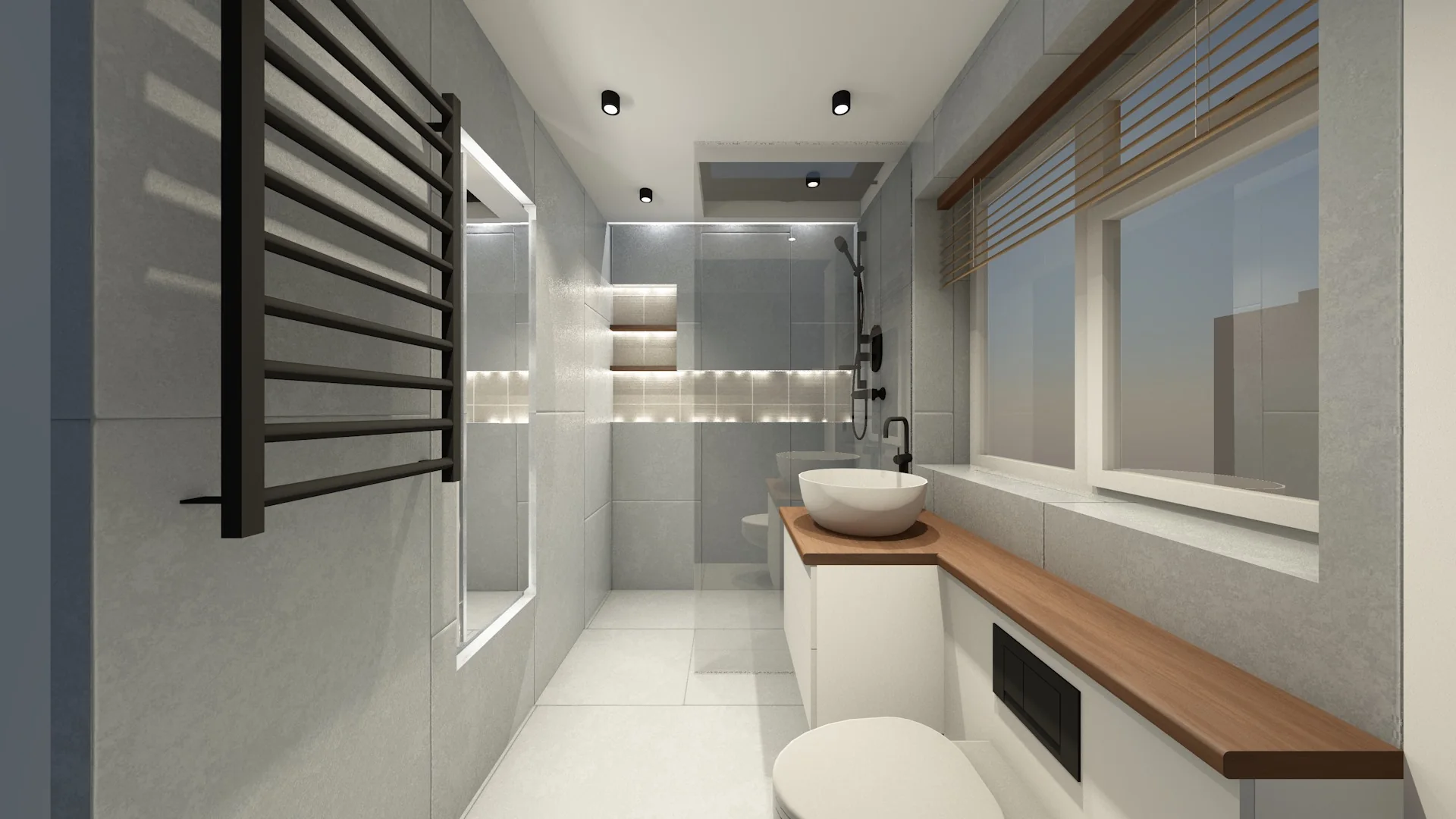3D visualisation of the darker bathroom with pale surfaces, black fittings and warm timber