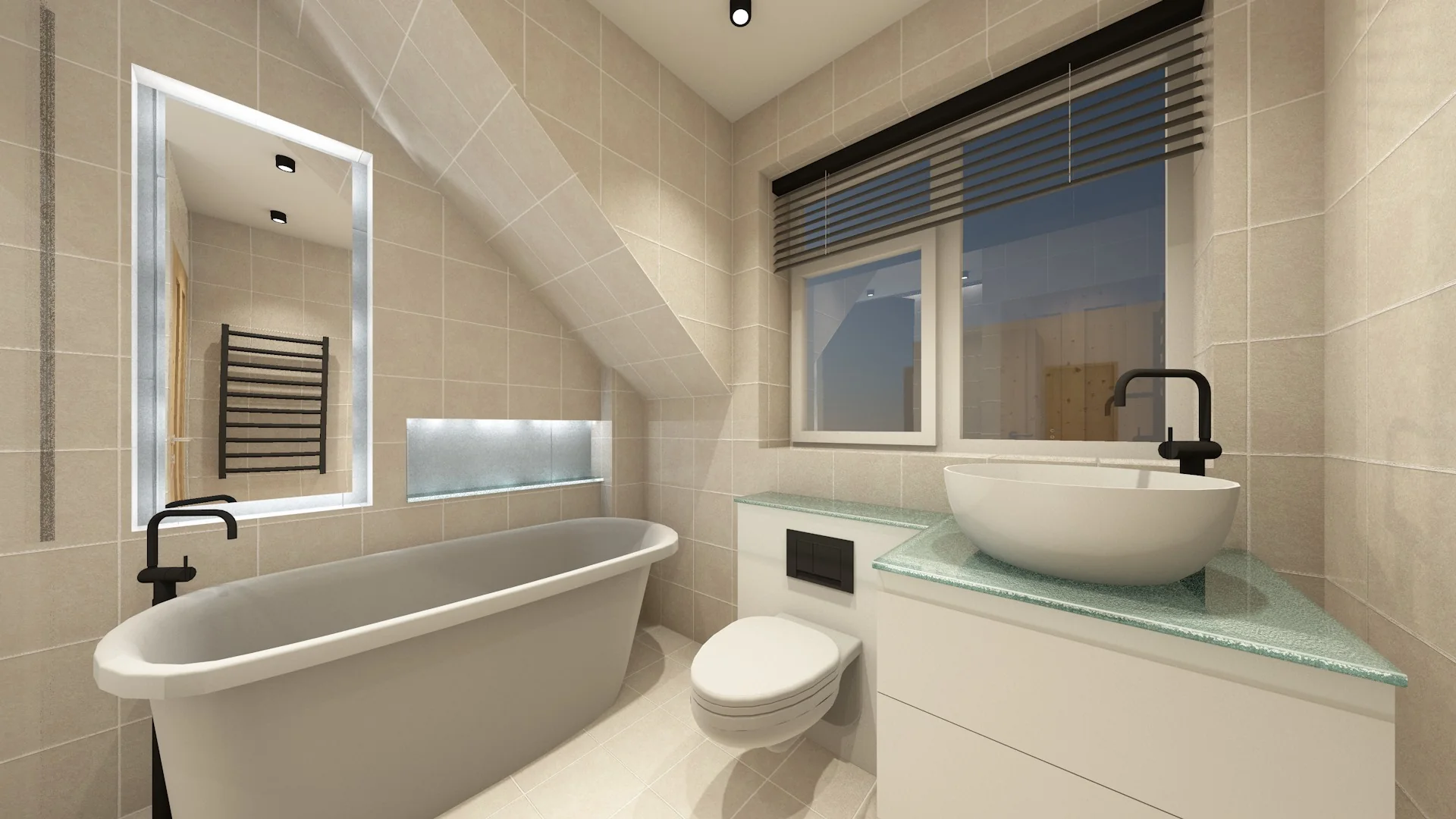 3D visualisation of the lighter bathroom with freestanding bath and integrated storage