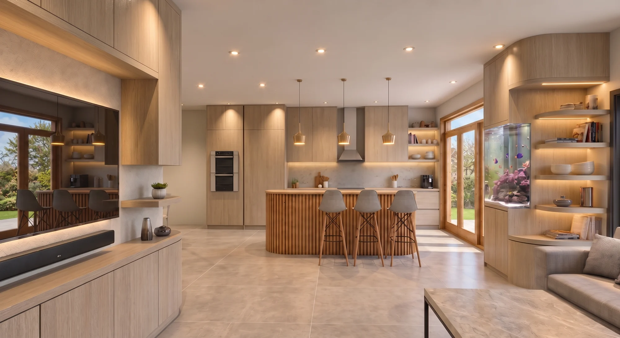 Kitchen and living space design with bespoke timber details