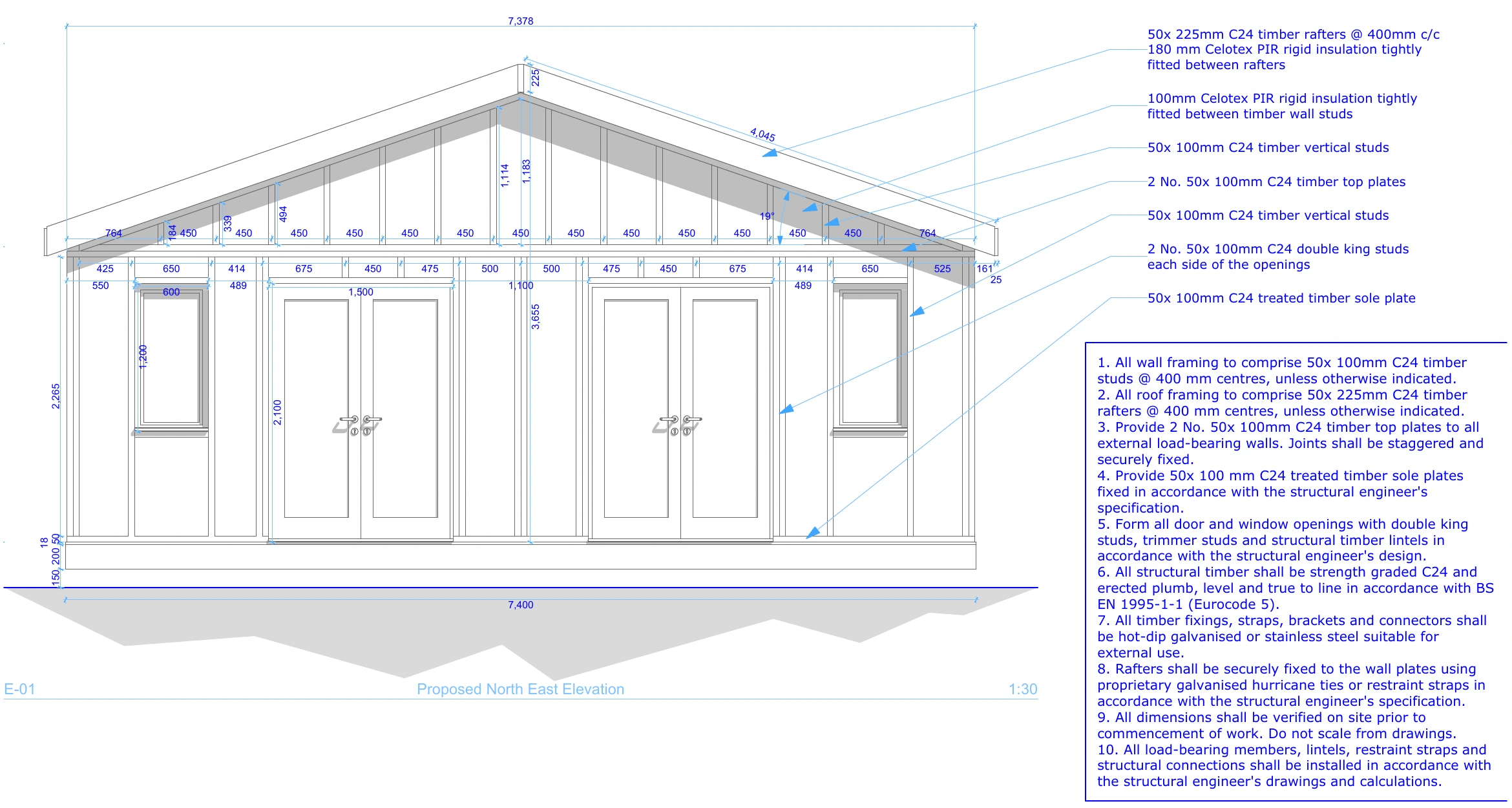 Timber-frame elevation with insulation and junction details